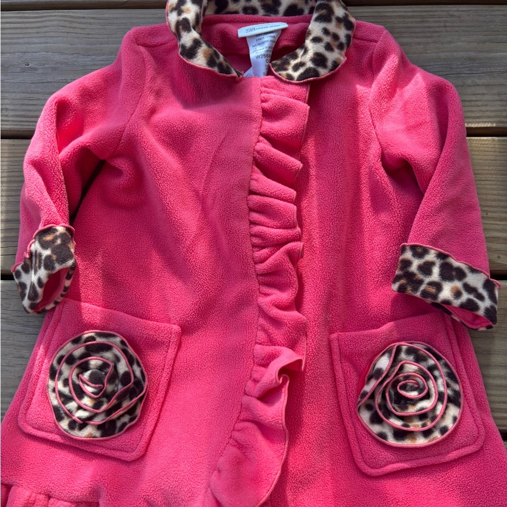 Bonnie Jean Hot Pink Fleece Pea Coat with Leopard Trim